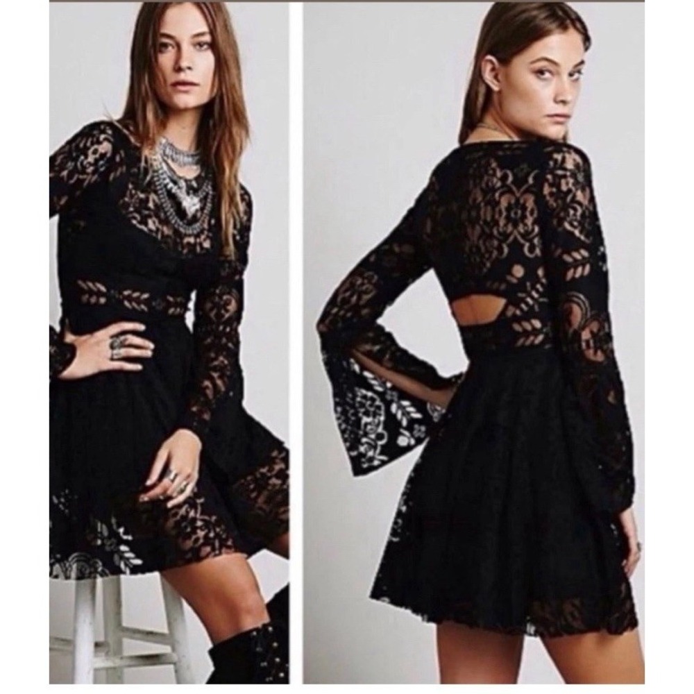 Free People Lace Lovers Flock Song Dress 12 Boho Bell Sleeve Mini Black Hippie